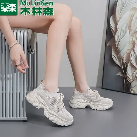 木林森女鞋网面老爹鞋2025夏季镂空透气百搭增高一脚蹬休闲运动鞋图片