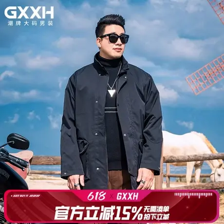 GxxH潮牌大码男装2024新款中长款美式百搭休闲翻领风衣上衣外套商品大图