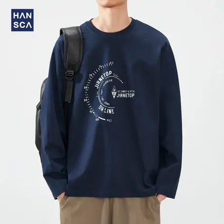 hansca 春季纯棉长袖T恤男2025新款宽松复古时尚印花纯棉休闲上衣商品大图