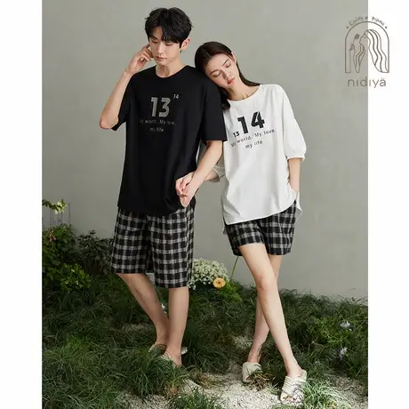 妮狄娅情侣薄款睡衣女夏季纯棉简约宽松男休闲外穿时尚家居服套装商品大图