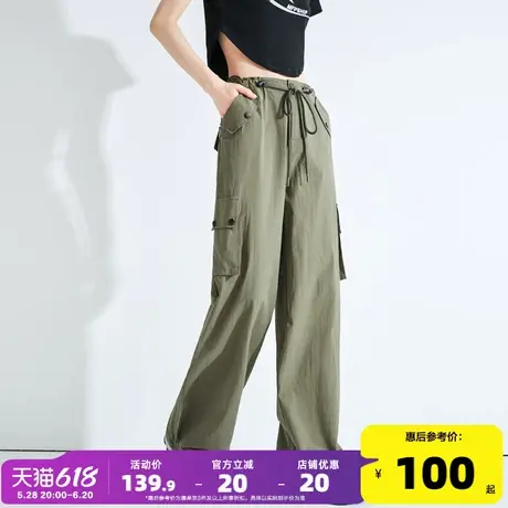 唐狮2025夏季新款薄款工装女户外抽绳休闲女裤军绿大口袋阔腿长裤商品大图