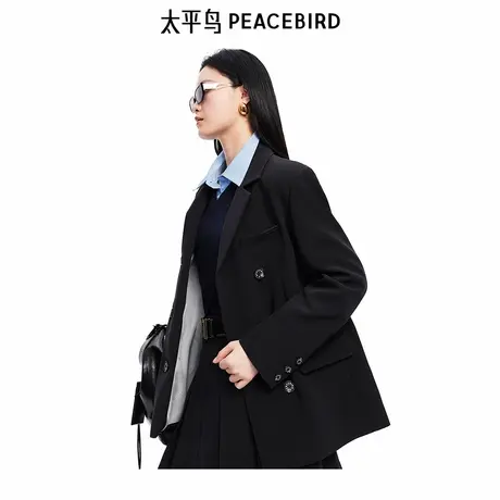 太平鸟刺绣西装外套女宽松深蓝色挺阔高级感新款外套女A1BAF1210图片