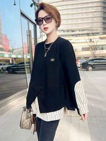 圆领拼接假两件卫衣女2023年春秋新款宽松百搭减龄女士上装欧洲站商品大图