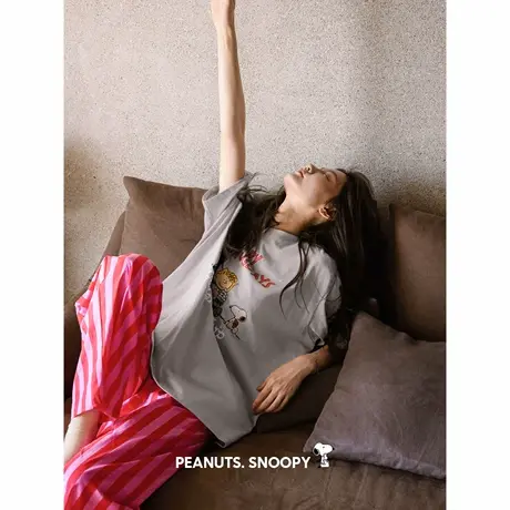 贝妍史努比睡衣女夏季凉感莫代尔棉短袖长裤套装可爱少女大码套装商品大图