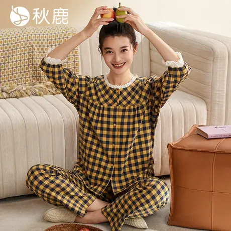 秋鹿【超柔软】纯棉睡衣女士2025春秋新款圆领格子长袖家居服套装商品大图