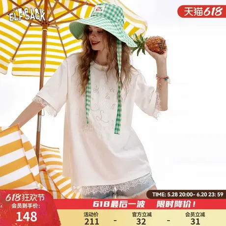 妖精的口袋蕾丝拼接短袖t恤女2025年夏季新款宽松设计感休闲上衣商品大图