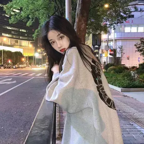 复古卫衣宽松bf慵懒风女圆领无帽oversize灰色上衣春秋薄款情侣装商品大图