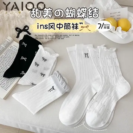 雅鹿袜子女夏薄款中筒袜蝴蝶结芭蕾风日系JK甜美ins潮流网红百搭商品大图