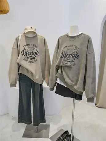 复古印花扎染圆领卫衣女秋冬慵懒风oversize宽松休闲百搭外套上衣商品大图