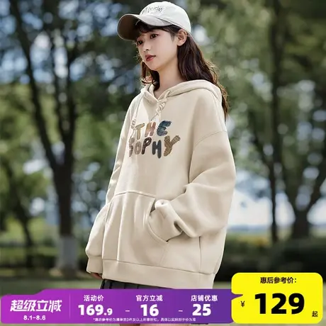唐狮2025秋季新款连帽卫衣女日系百搭宽松文艺拼贴印花套头上衣图片