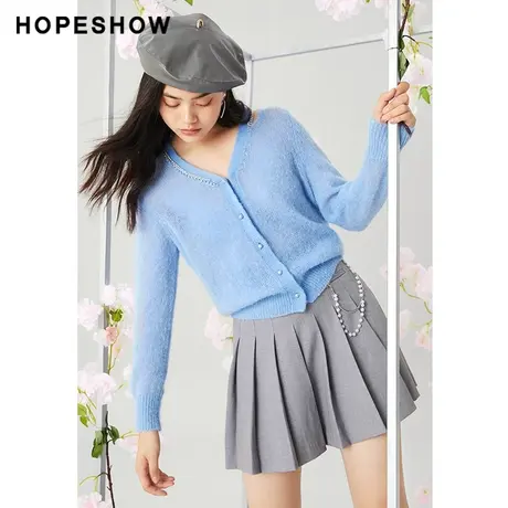 红袖outlets链条镂空开衫hopeshow2022春季新款马海毛V领针织衫商品大图