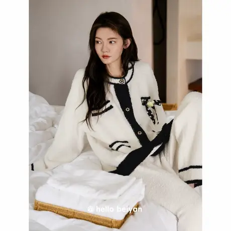 贝妍高级感小香风睡衣女款秋冬季保暖半边绒套装大码珊瑚绒家居服商品大图