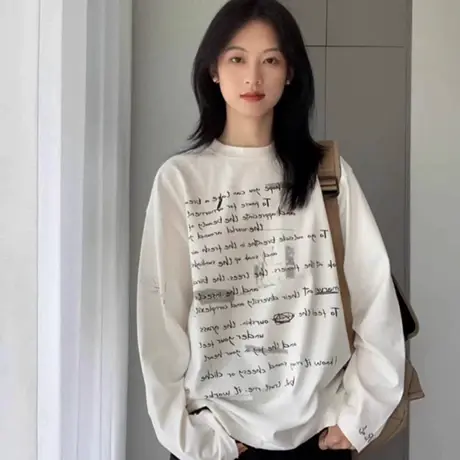 街头风正肩长袖t恤叠穿宽松加绒减龄上衣打底衫女大码胖mm遮肚子商品大图