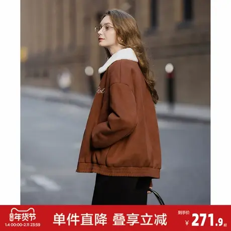 唐狮2026秋冬女短款外套翻领撞色拼接仿羊羔毛简约设计美拉德百搭图片