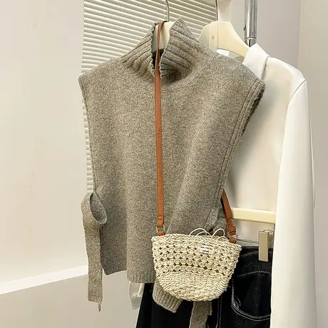 唐狮秋冬季女毛衣气质风侧开衩高领马甲背心针织简约高级TM商品大图