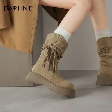 达芙妮中筒靴女2026新款冬季加绒流苏厚底增高西部牛仔短靴马丁靴商品大图