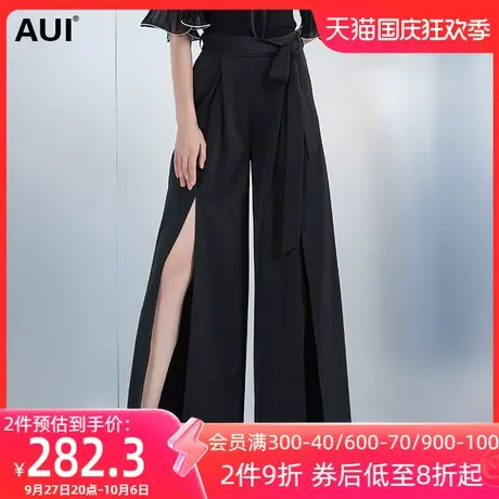 AUI设计感小众开叉阔腿裤女夏2023新款欧美风小个子黑色高腰裤子图片