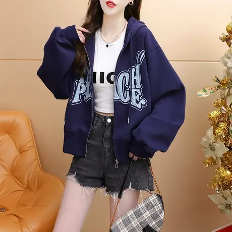 减10】短款小个子连帽卫衣开衫外套女2023新款秋季宽松设计感上衣图片