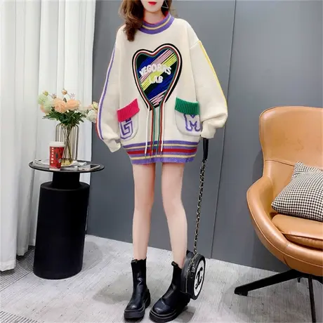 设计感系带圆领毛衣女中长款2022新款秋冬宽松慵懒风加厚针织外套商品大图