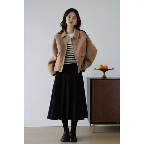 嘉茱莉2023秋冬新款绵羊毛毛呢外套女小个子短款宽松双面呢大衣商品大图