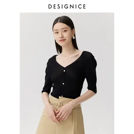 商场同款迪赛尼斯2022夏新款时尚气质修身薄款黑色中袖针织衫女图片