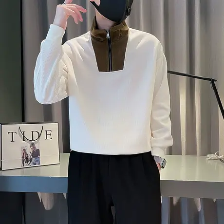 春秋季半拉链套头卫衣男重磅拼色小众肌理感男装个性上衣长袖体恤商品大图