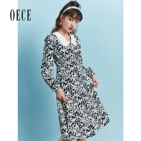 【买1送1】Oece秋装女装法式油画感复古拼色翻领长袖碎花连衣裙图片