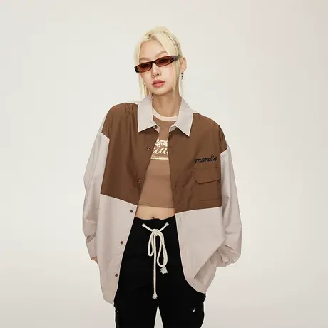潮牌拼接衬衫女春秋2023新款设计感复古衬衣宽松oversize小众上衣商品大图
