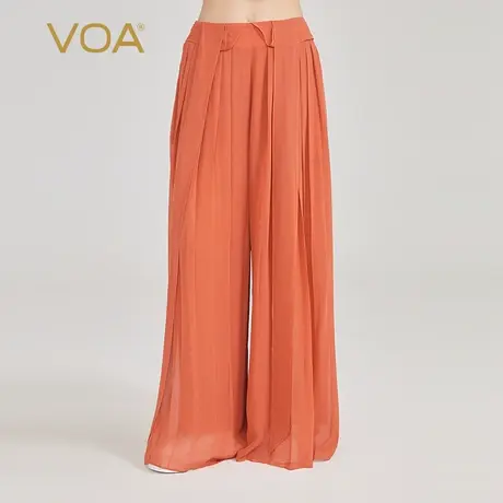 VOA锈红双层乔其桑蚕丝自然腰风琴褶轻盈飘逸清爽真丝长款裙裤商品大图