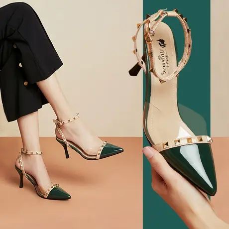 清仓时尚铆钉尖头包头细高跟凉鞋女气质一字扣高跟鞋子女图片