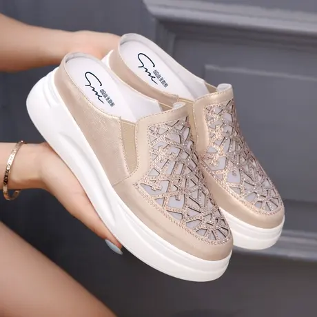 圣恩熙 真皮包头拖鞋女2024新款韩版厚底外穿懒人一脚蹬镂空凉鞋商品大图