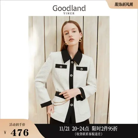 Goodland美地女装冬小香风翻领粗花呢短款外套高级感商品大图