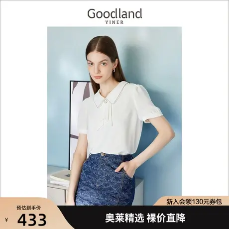 【非遗源流】音儿美地女装2023夏季新款短袖飘带翻领衬衫格纹上衣商品大图