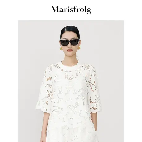 【商场同款】玛丝菲尔夏季新款七分袖镂空蕾丝绣花短款T恤图片