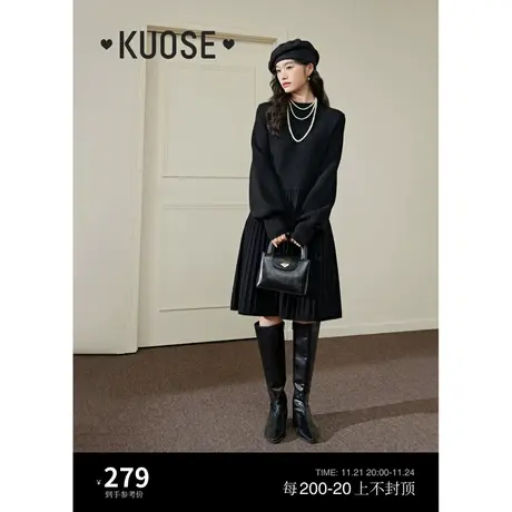 阔色黑色半高领针织连衣裙2023秋冬季新款女毛衣裙百褶裙拼接裙子图片