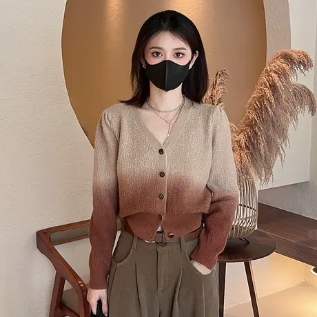 慵懒风渐变色短款毛衣外套女秋款2023设计感小众V领针织开衫上衣图片