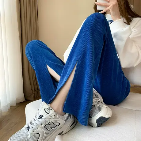 灯芯绒开叉微喇裤女春秋季高腰垂感休闲显瘦宽松阔腿运动喇叭裤子商品大图