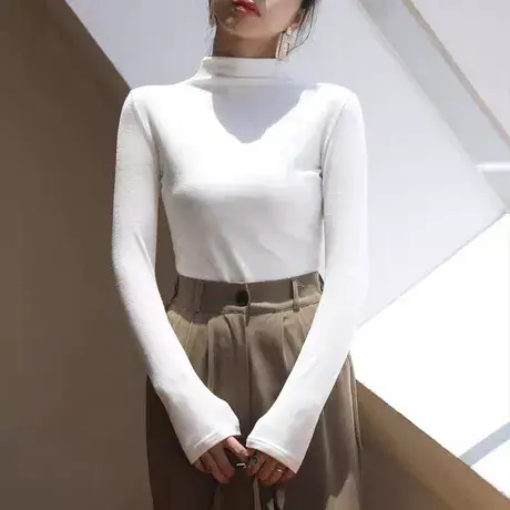 半高领打底衫女长袖T恤洋气秋冬内搭韩版修身纯色百搭经典黑气质商品大图