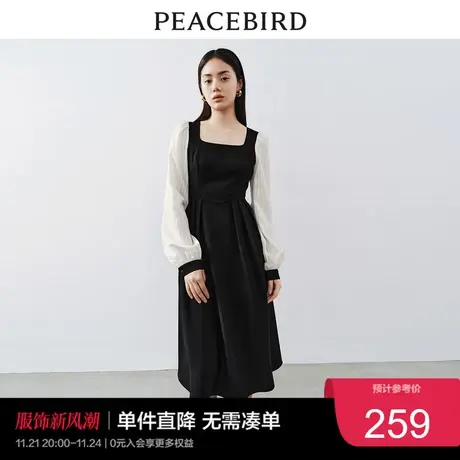 太平鸟 2023年秋季法式气质方领连衣裙收腰长袖裙子女士奥莱图片