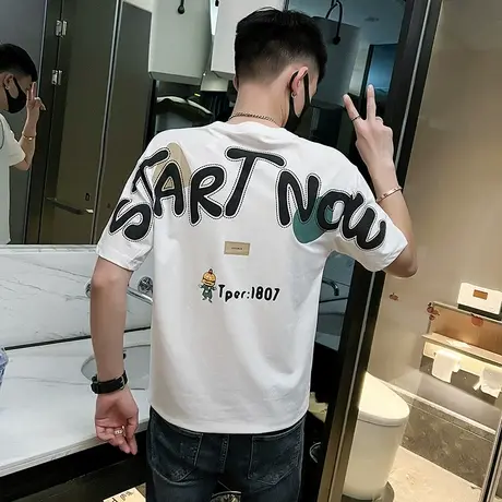 夏季男士t恤男装短袖宽松半袖背面字母休闲个性学生潮流潮牌体恤商品大图