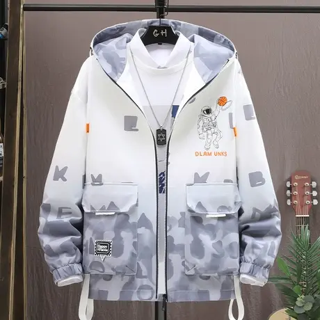 外套男春秋季潮牌潮流2023新款连帽夹克宽松休闲青少年帅气上衣服商品大图