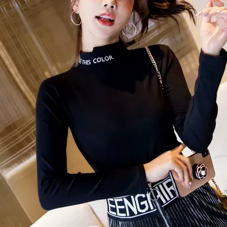 打底衫女秋冬半高领加绒加厚长袖T恤黑色洋气内搭保暖紧身上衣潮商品大图