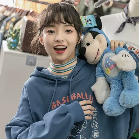 尔给oversize连帽卫衣女春秋薄款小个子宽松bf慵懒风国潮图片