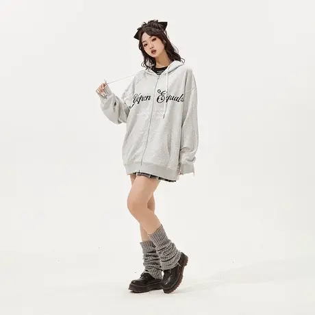 YEP花灰色连帽卫衣女开衫外套春秋款2024年新款潮牌复古宽松上衣商品大图