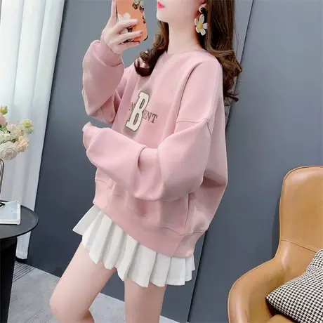 超火短款加绒圆领卫衣女套头秋冬新款宽松时尚洋气百搭小个子上衣商品大图