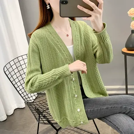 2023秋装新款外套女毛衣外搭韩版宽松洋气百搭纯色镂空针织开衫商品大图