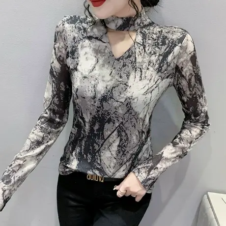 性感镂空网纱上衣女长袖复古水墨画印花T恤显瘦气质半高领打底衫图片