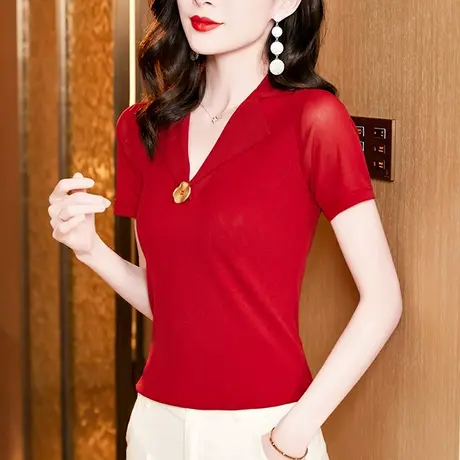 欧货气质翻领短袖T恤女2024夏季新款性感网纱上衣别致百搭小衫潮商品大图