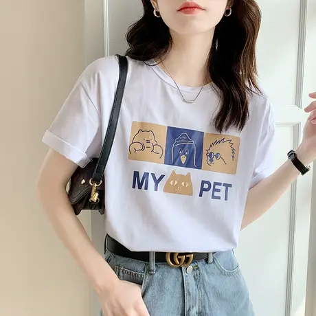 短袖t恤女装ins潮2023年夏季新款设计感卡通印花宽松半袖纯棉上衣商品大图