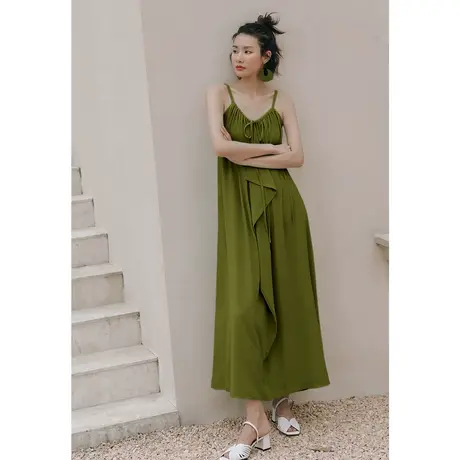 弥古复古绿色连衣裙女雪纺吊带长裙夏季高级感沙滩裙度假海边裙子图片